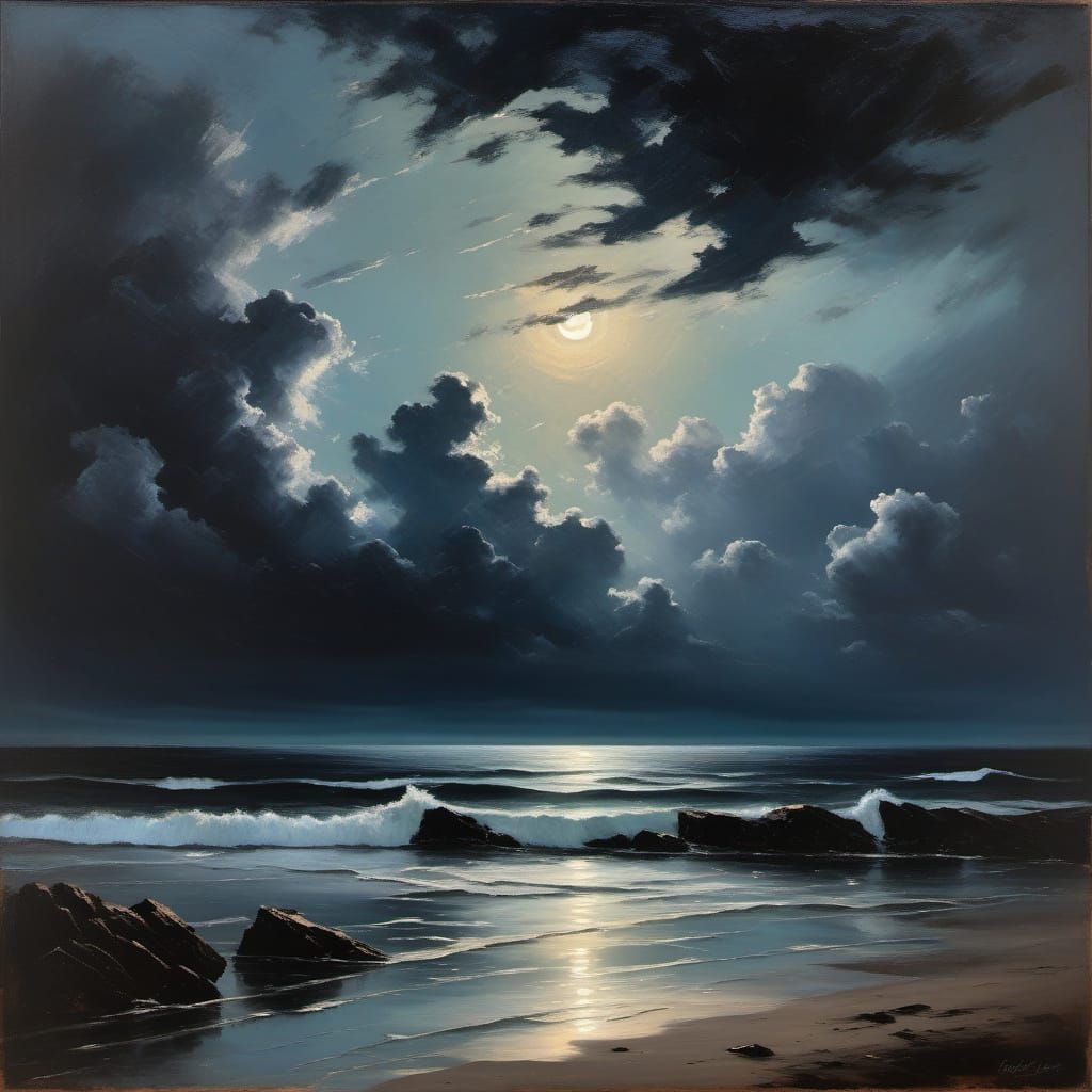 Tonalist Seascape: Moody Evening with Moonlight Reflections