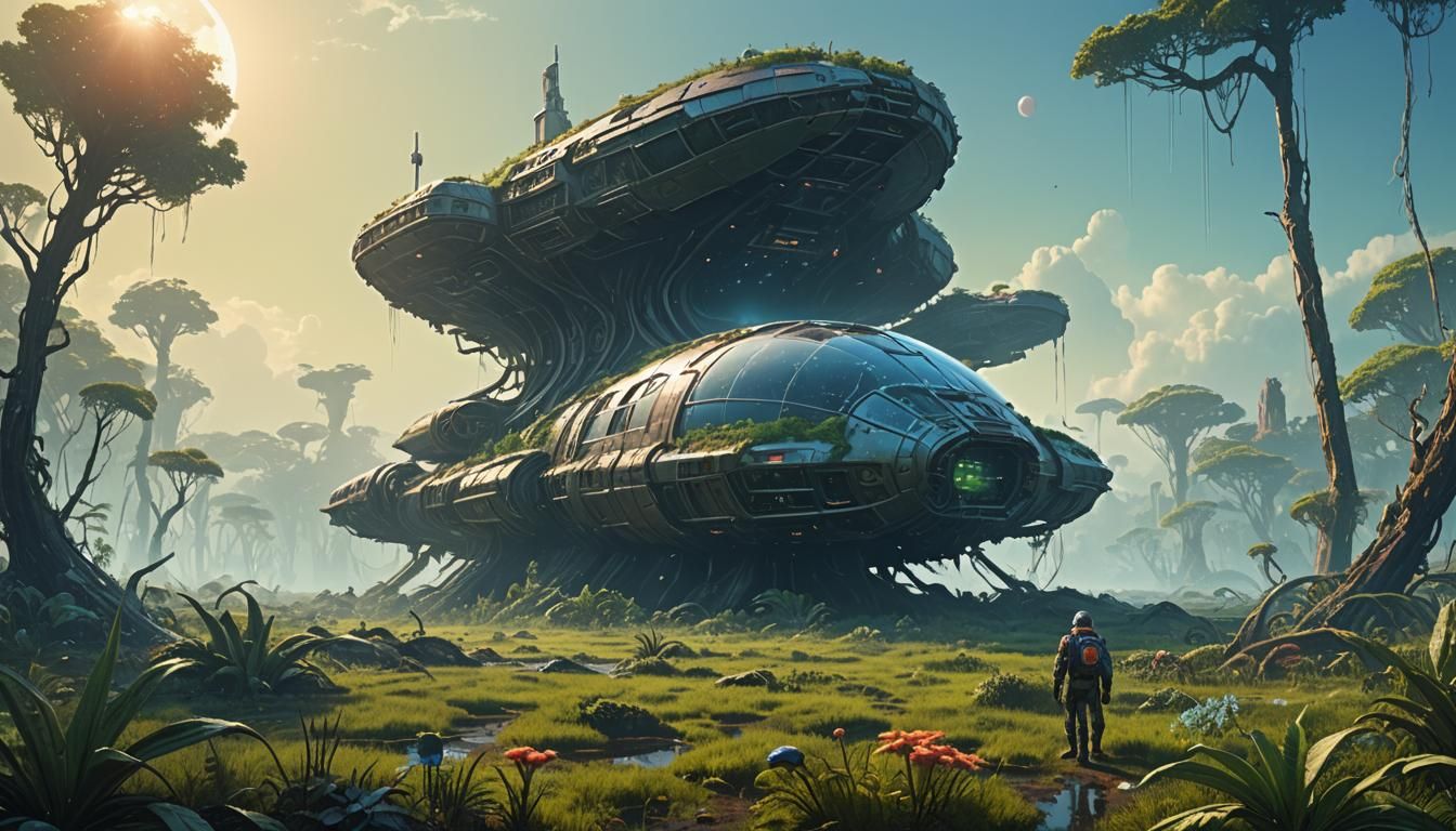 Lush Exoplanet Scene with Abandoned Spaceship