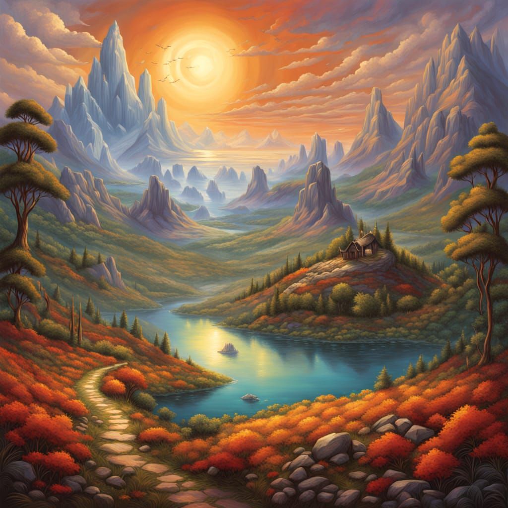 Magical Mountain Landscape with Radiant Sun and Colorful Tre...