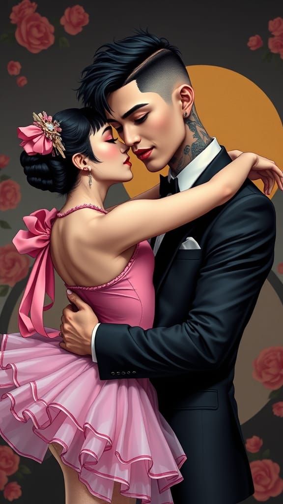 Yakuza Heir and Ballerina Embrace, Inspired by Surrealist Ar...