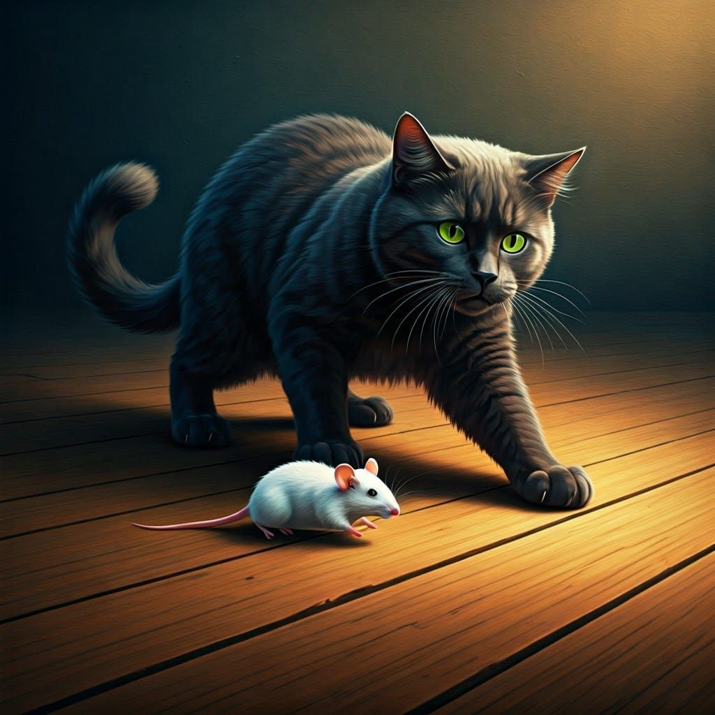 Majestic Feline Chases Quick White Mouse in Whimsical Oil Pa...