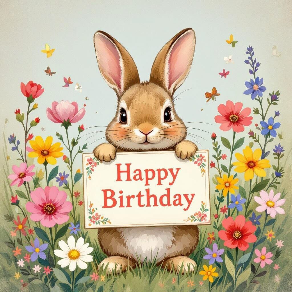 Bunny with Birthday Sign in Whimsical Style
