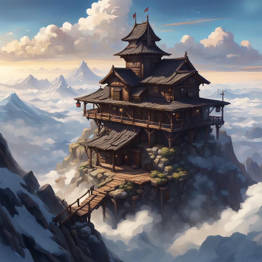 Mountain Outpost in Anime Style Liquid Oil Painting