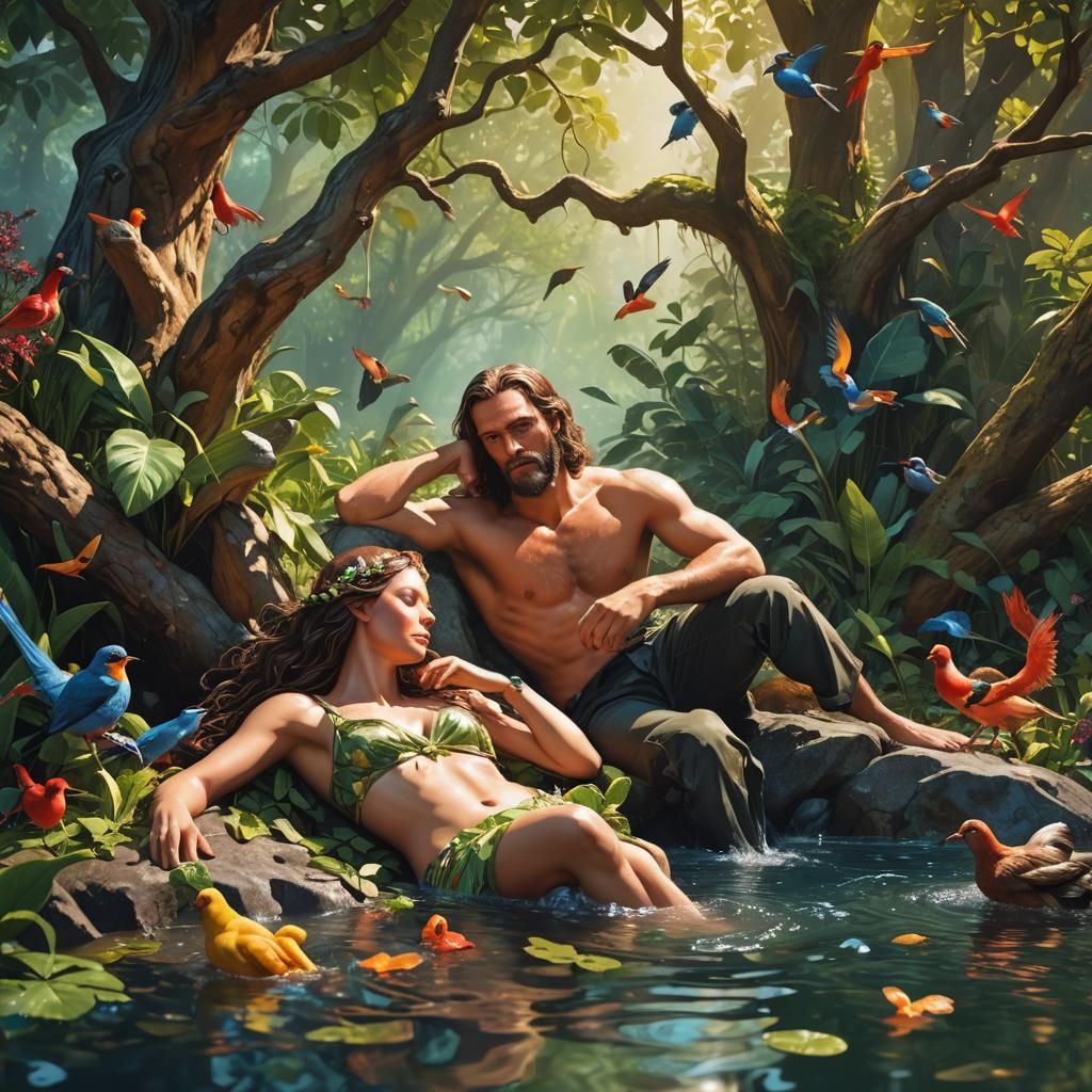 Hyperrealistic Adam and Eve in Colorful Landscape