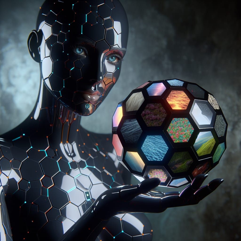 Hexagonal Circuit Cyborg Holding Reflective Dodecahedron