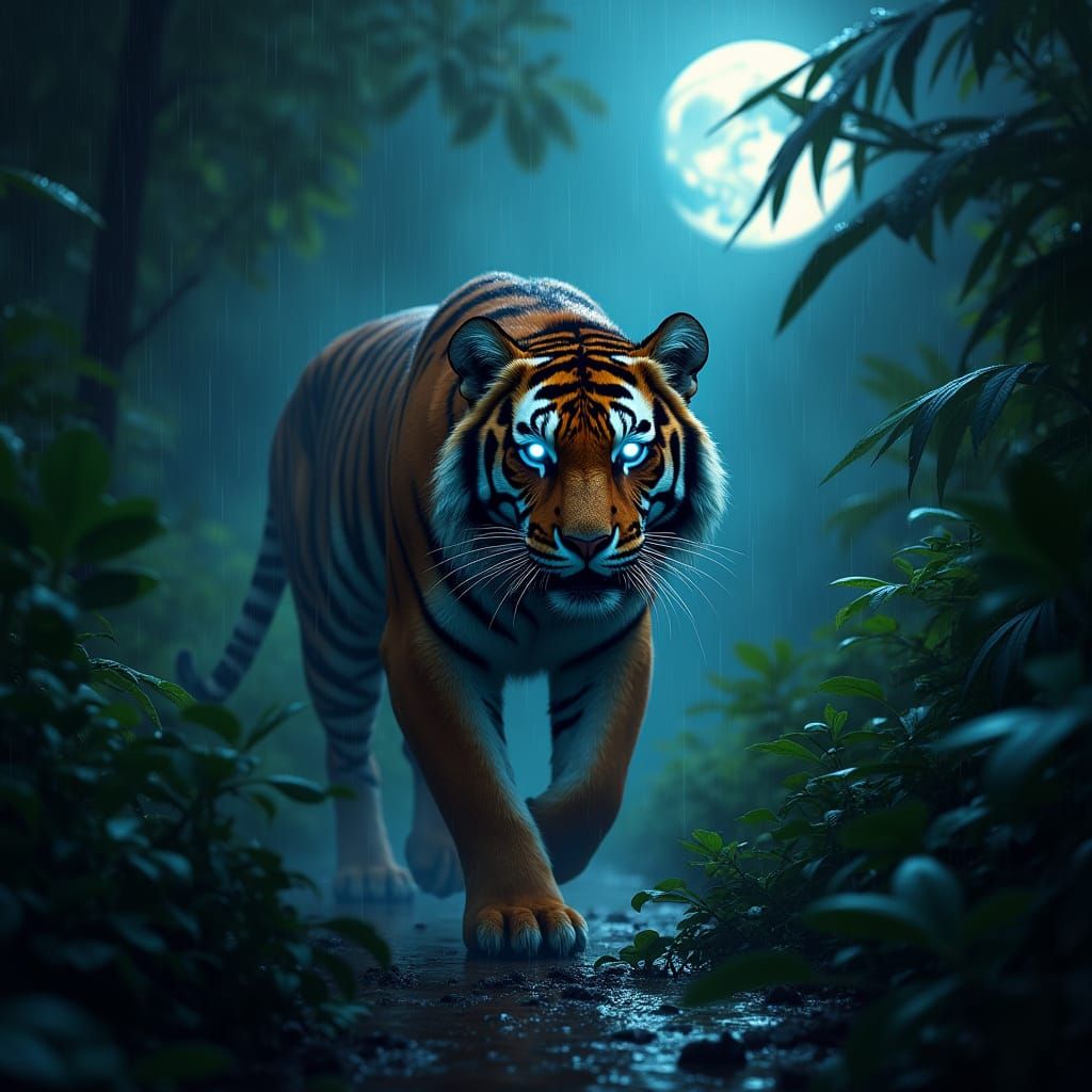 Bengal Tiger Prowling Rainy Rainforest at Night