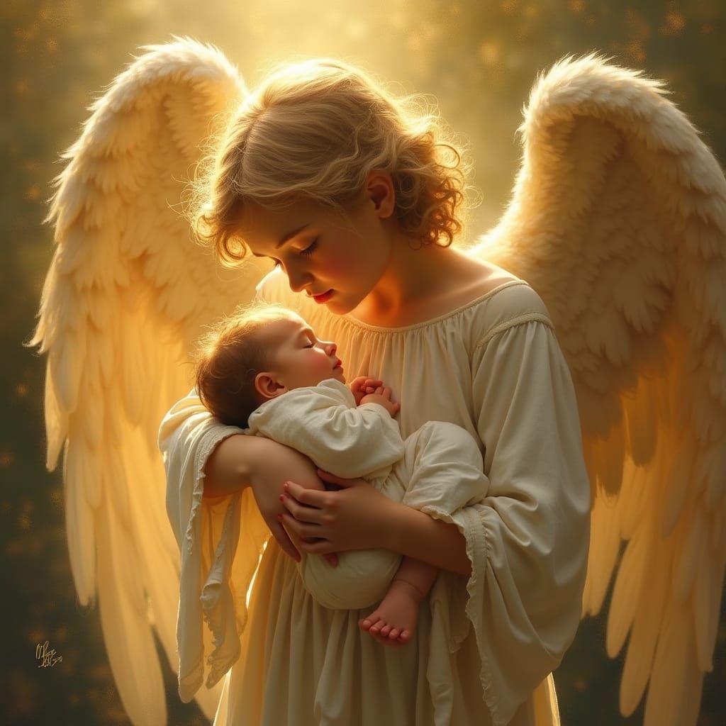 Golden Angel Tenderly Holds Sleeping Baby in Ethereal Light