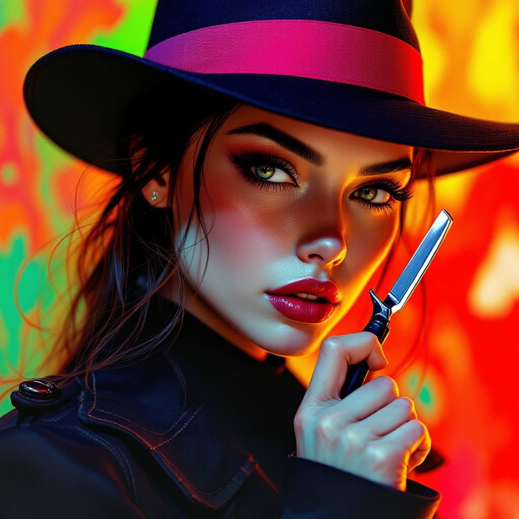 Woman with Panama Hat Holding Razor, Hyperrealistic Style