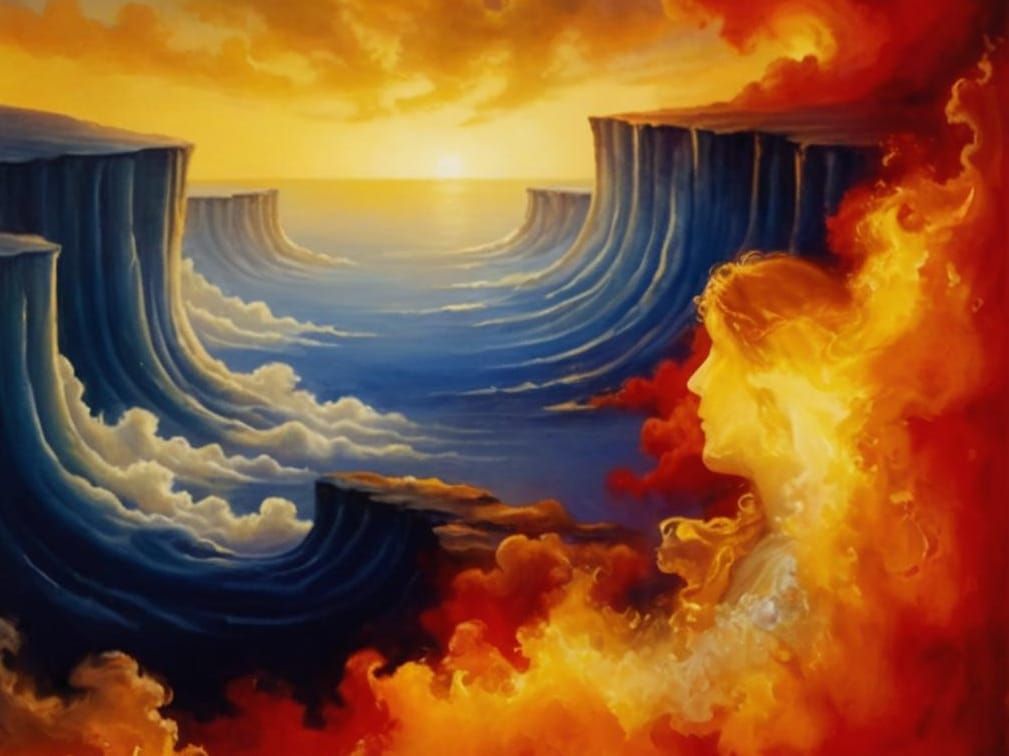 Fiery Water Woman in Landscape Oil Painting