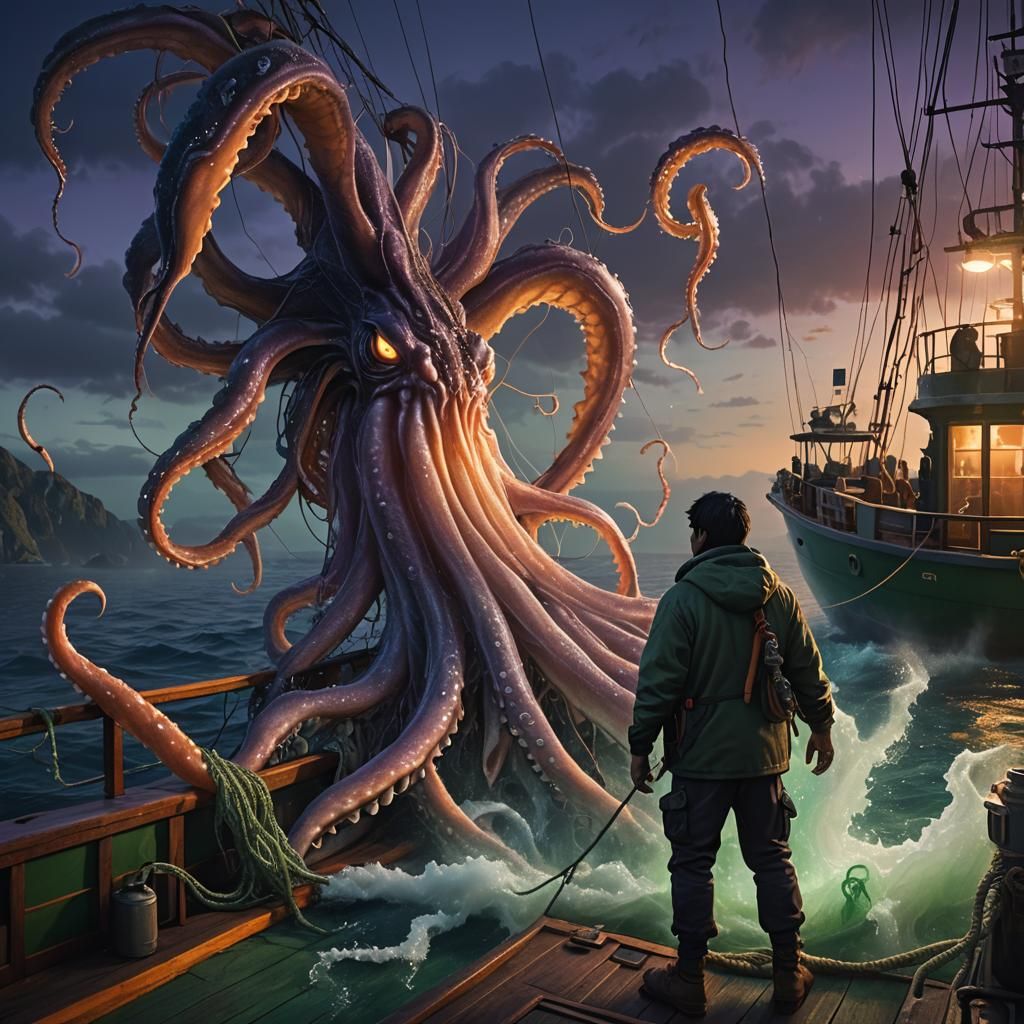 Man Battles Squid on Fishing Boat at Dusk