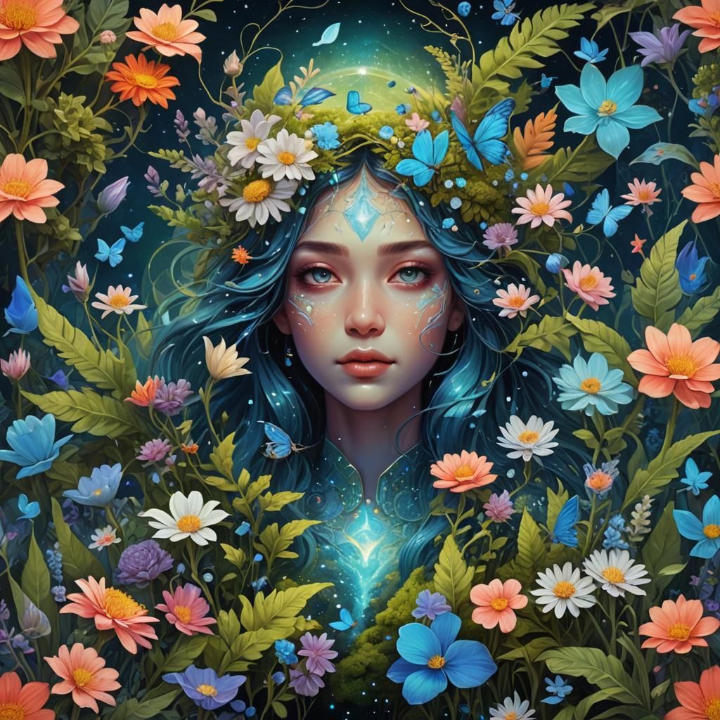 Astral Flowers and Azure Moss in Holographic Illustration