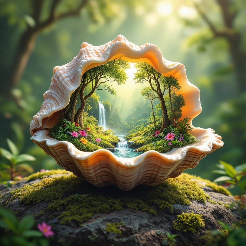 Miniature Rainforest Thrives Inside Realistic Conch Shell