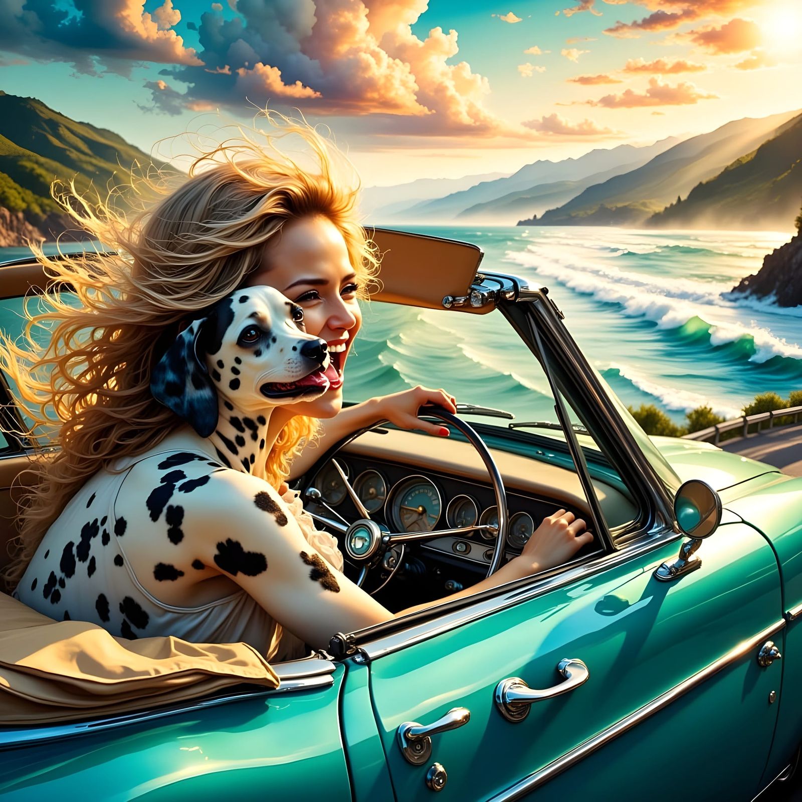 Woman's Joyful Coastal Drive in Turquoise Convertible