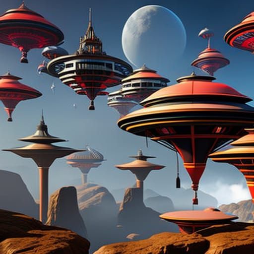 Steampunk Fleet Approaches Cyberpunk City on Alien Planet