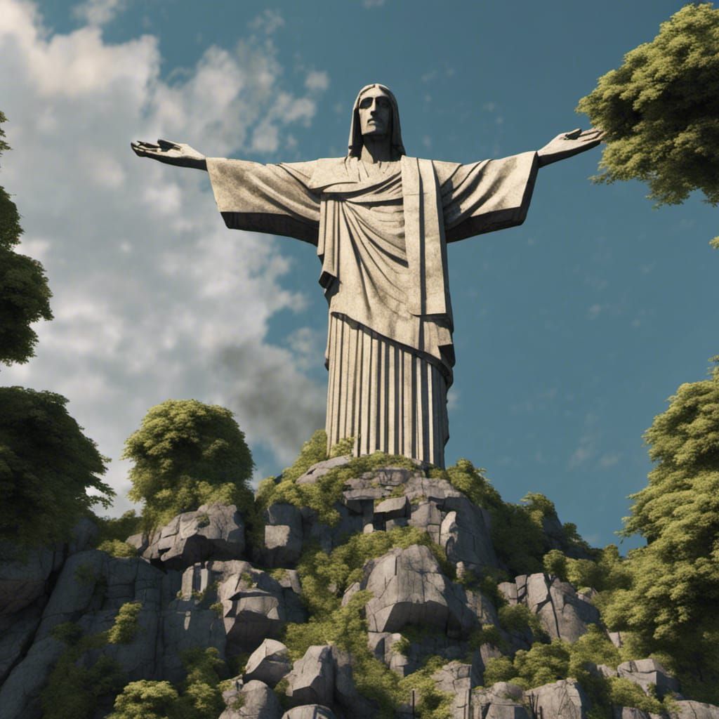 Crumbling Christ the Redeemer in Hyperrealistic Style