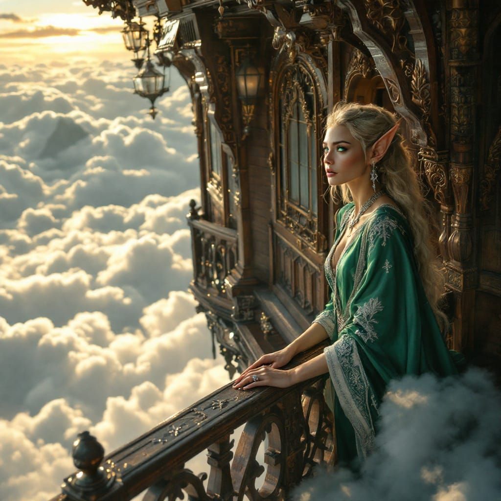 Ethereal Elf Contemplates Wonders from Whimsical Cloud Cabin