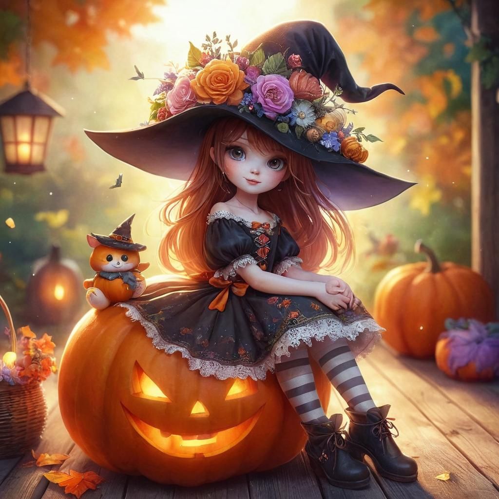 Pretty Witch on Pumpkin in Arthur Rackham Style