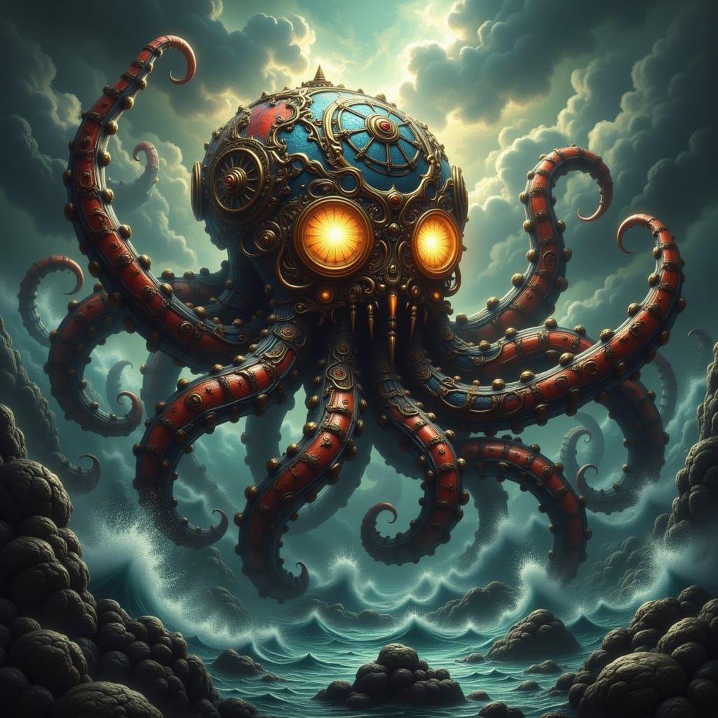 Clockwork Kraken Rises in Neo-Baroque Style