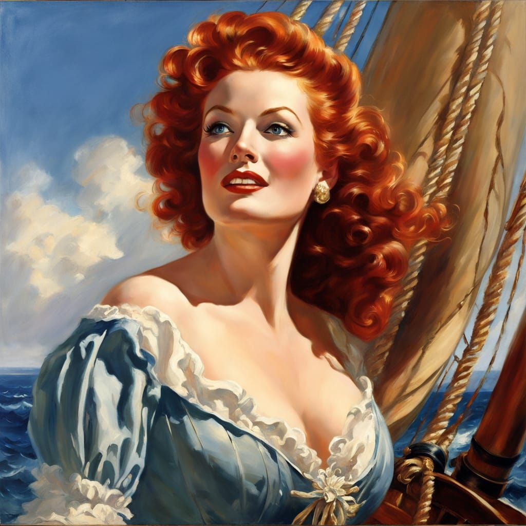 Beautiful Pirate on Deck as Oil Painting