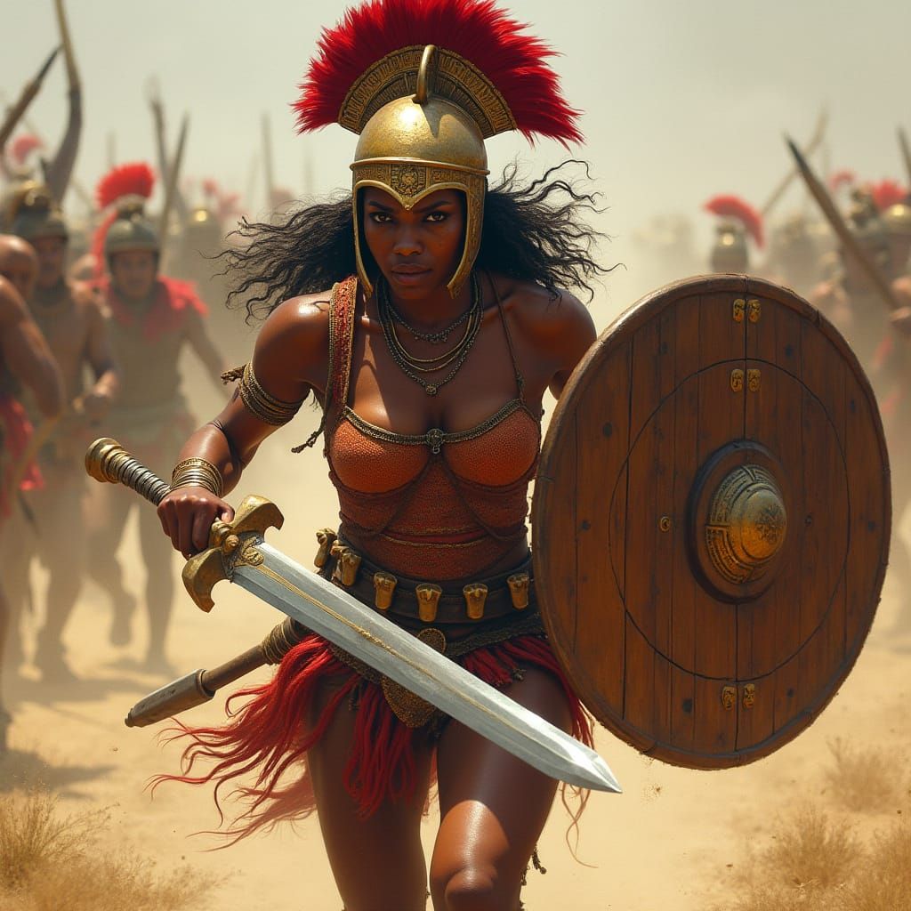 African Zulu Female Warrior Charging into Battle