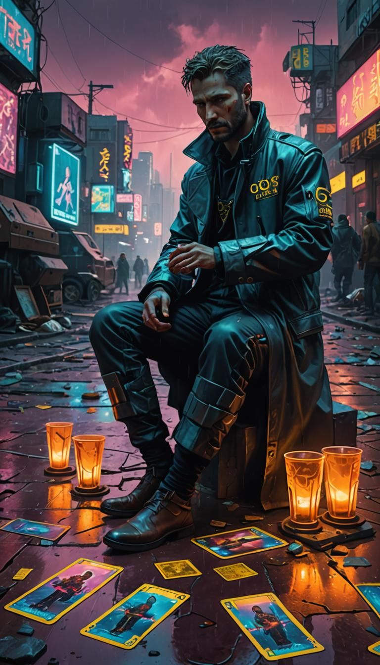 Five of Cups Tarot Card in Cyberpunk Style