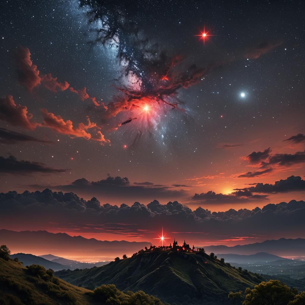 Majestic Night Sky with Glowing Star, Digital Painting