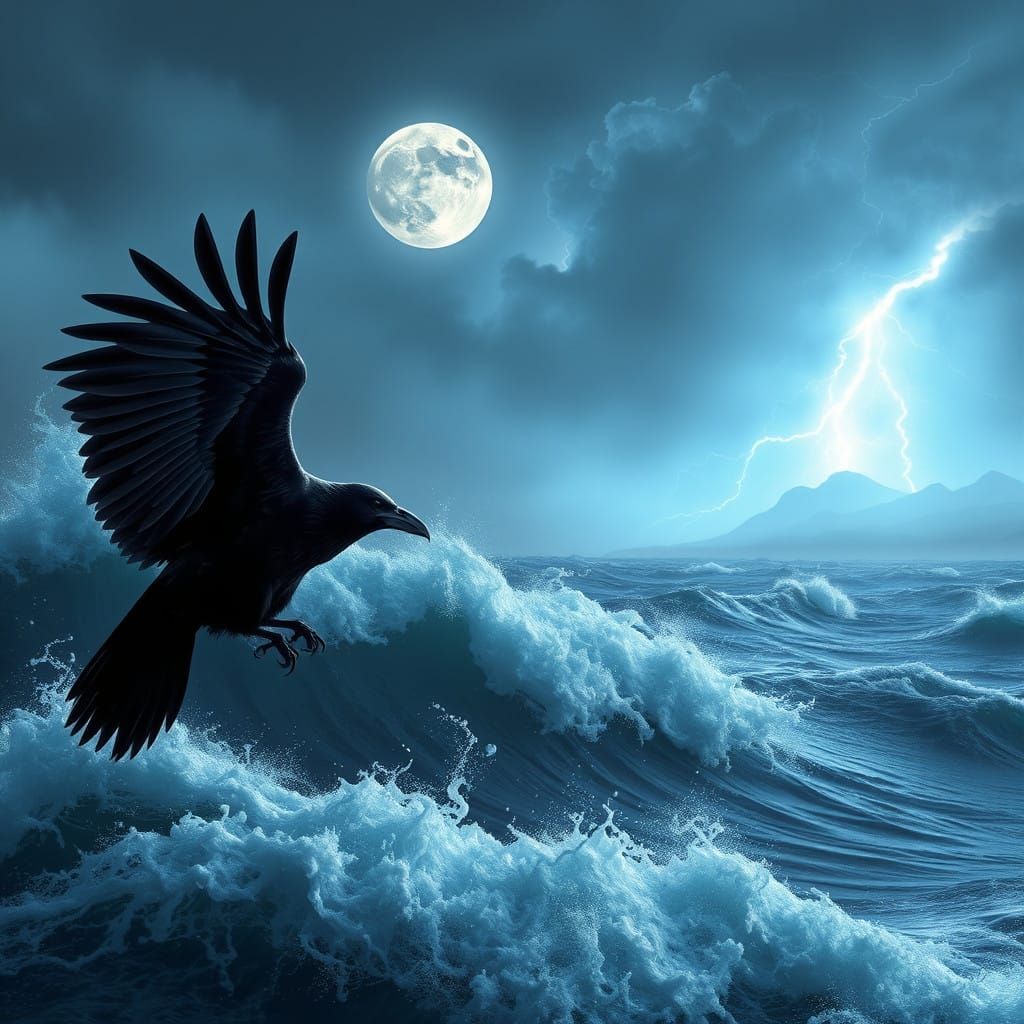 Majestic Raven Soars Over Turbulent Waves