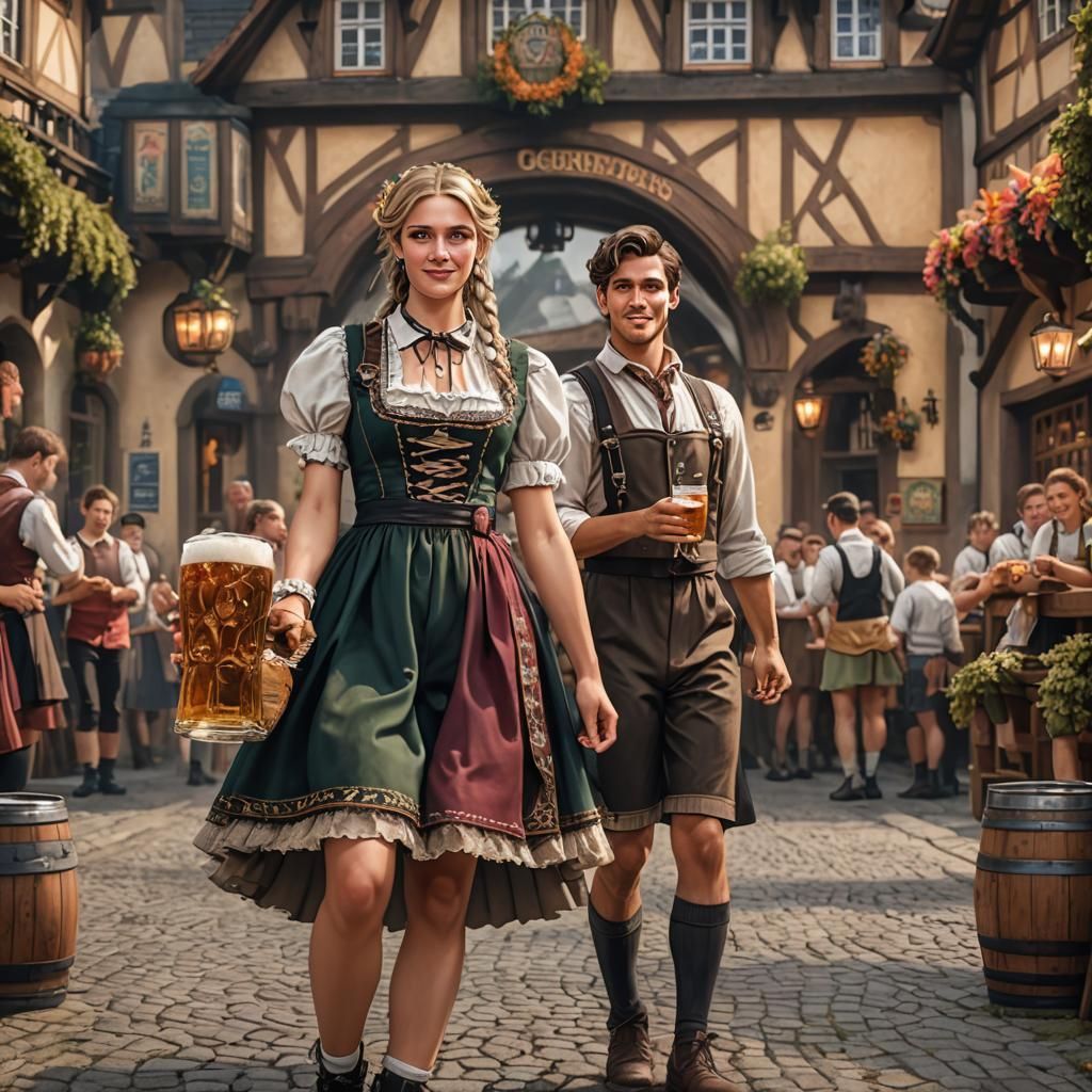 Boy in Dirndl with Girl, German Town, Digital Art