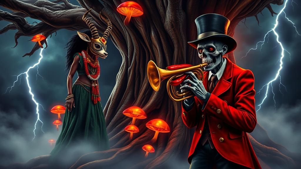 Mystical Encounter: Woman and Zombie in Surreal Landscape