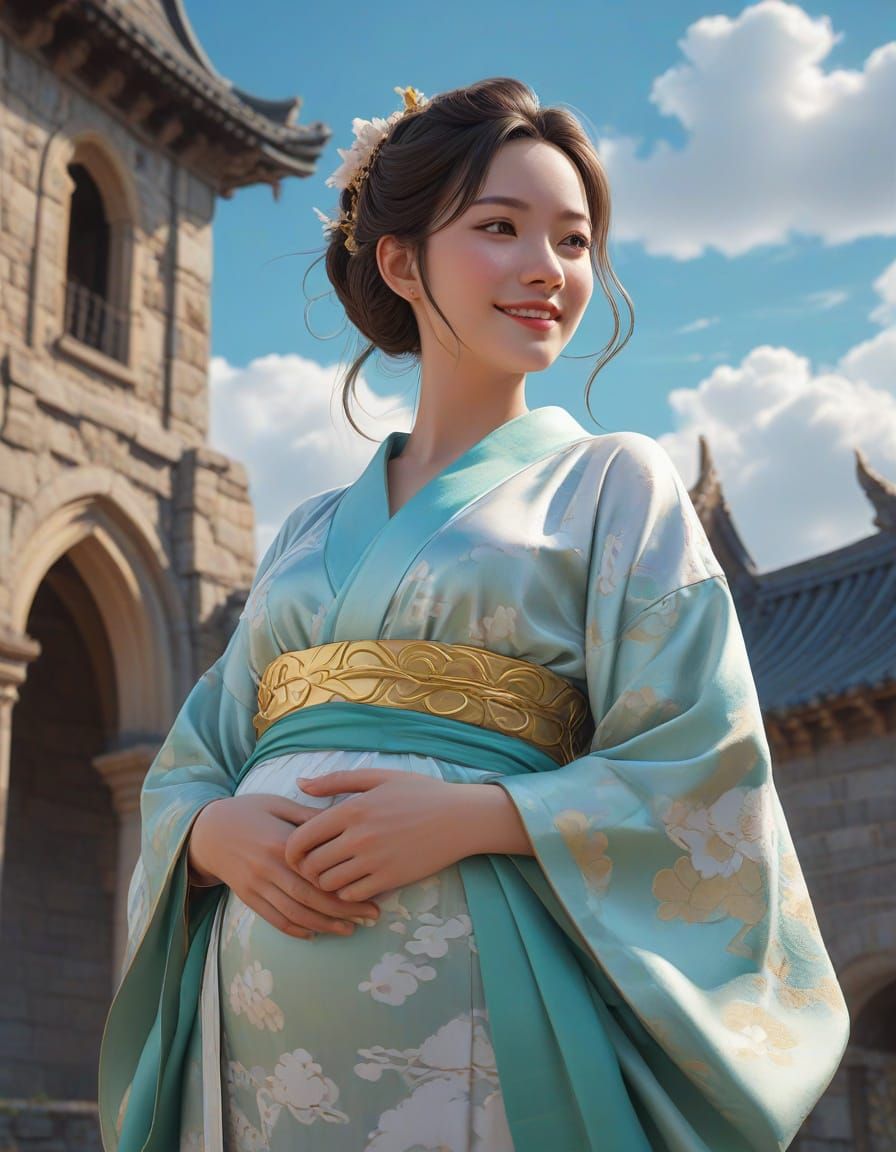 Pregnant Anime Woman in Cloud Castle, 3D Art