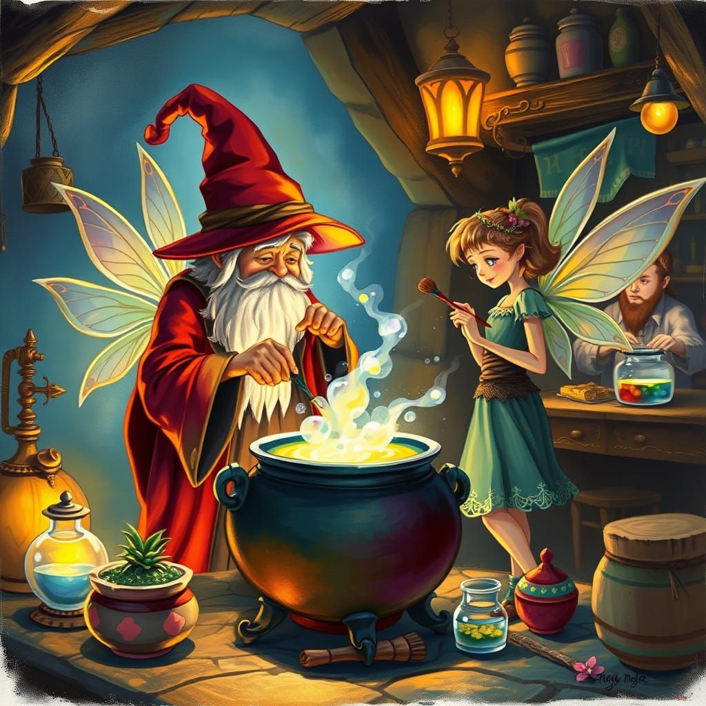 Enchanting Magical Jobs Scene with Wizard and Fairy
