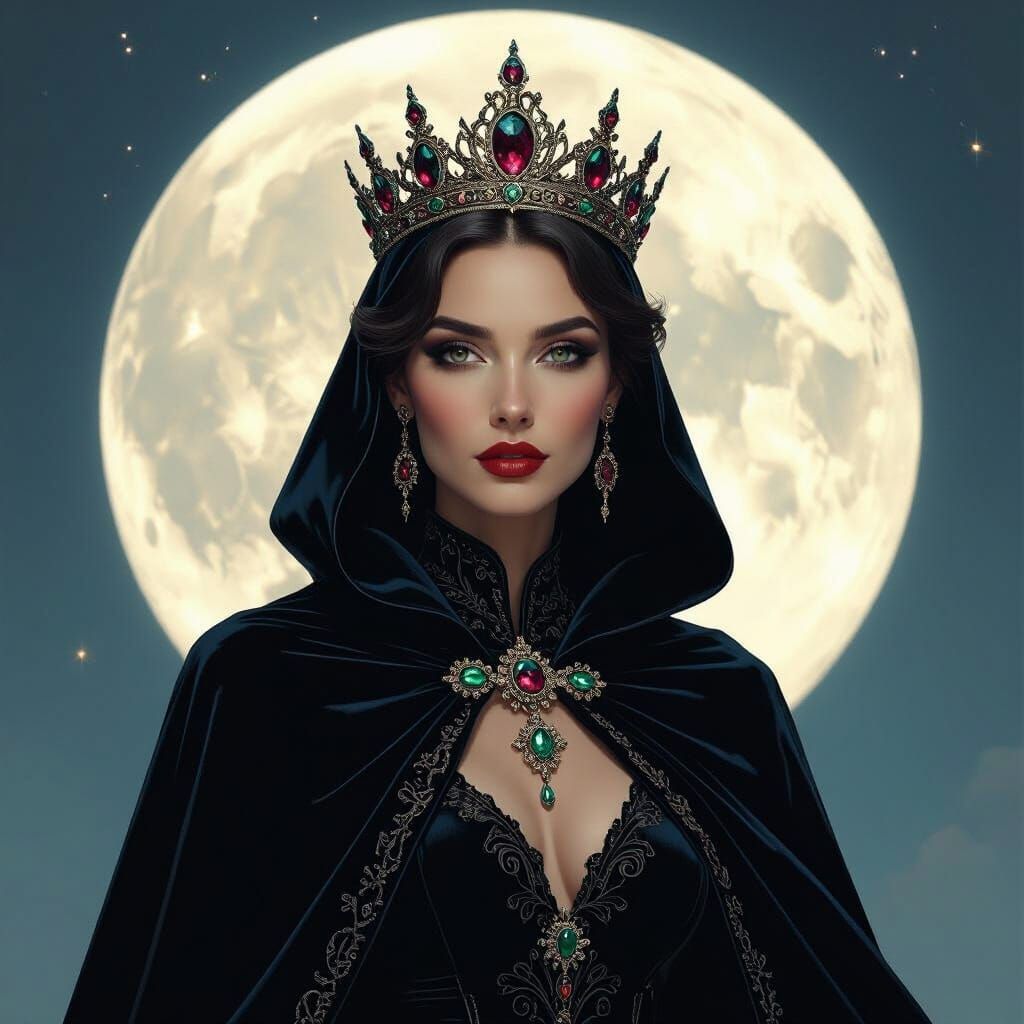 Regal Queen in Velvet Cloak Under Full Moon
