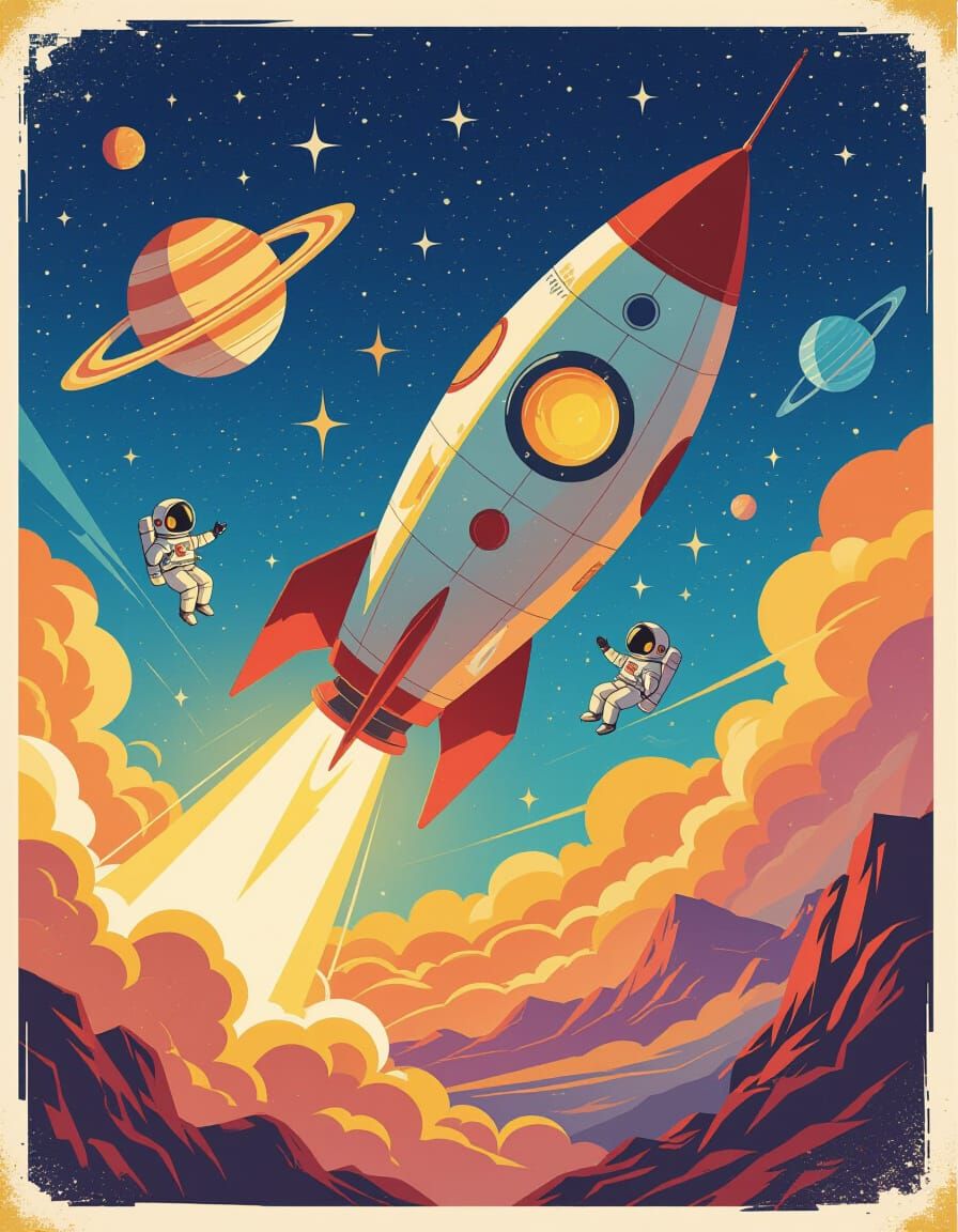 Rocket Launch in Starry Sky: Surrealist Watercolor