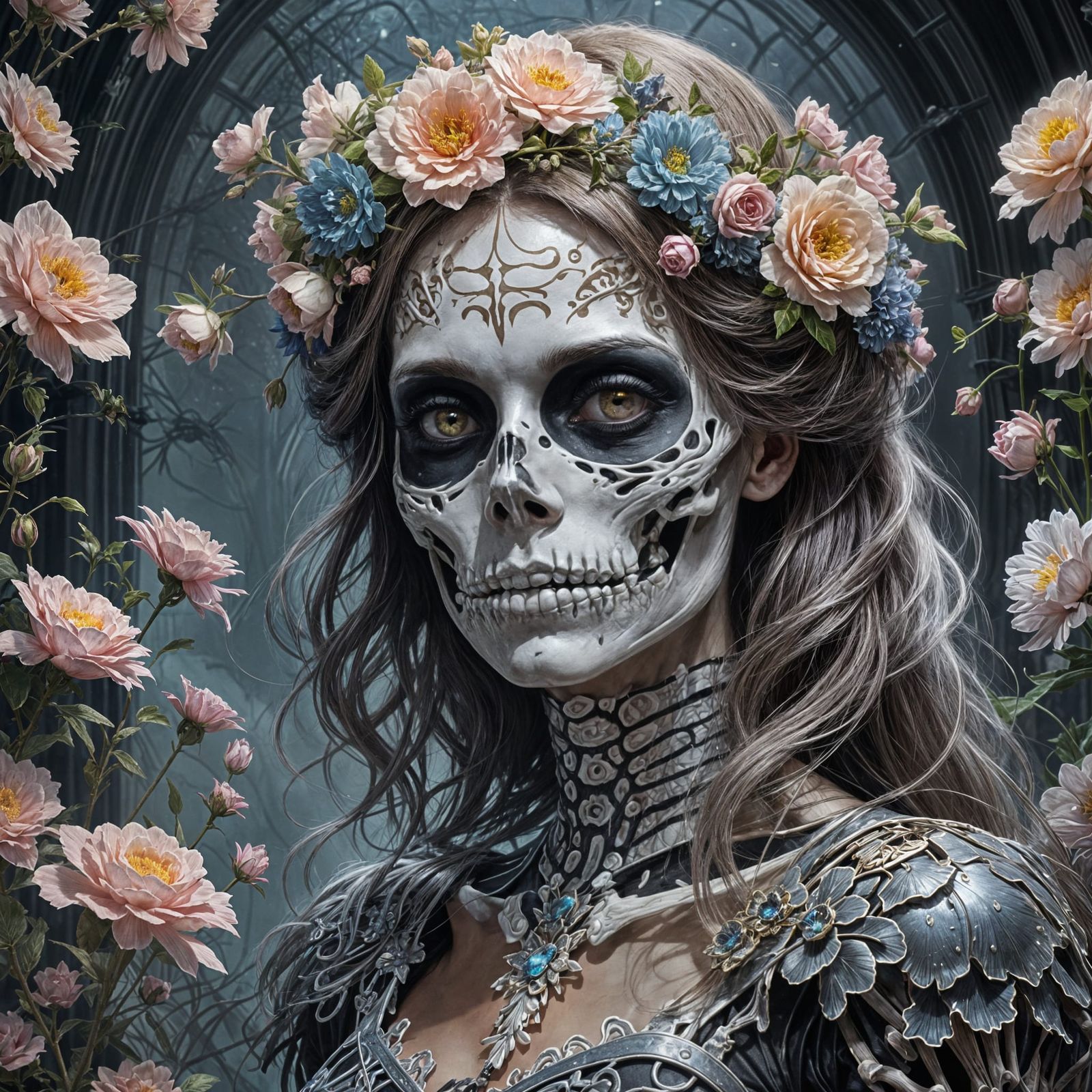 Gothic Victorian Skeleton Princess in Dark Floral Setting