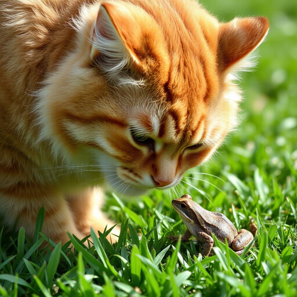 Fluffy Ginger Cat Sniffs Tiny Green Frog in Sunny Garden
