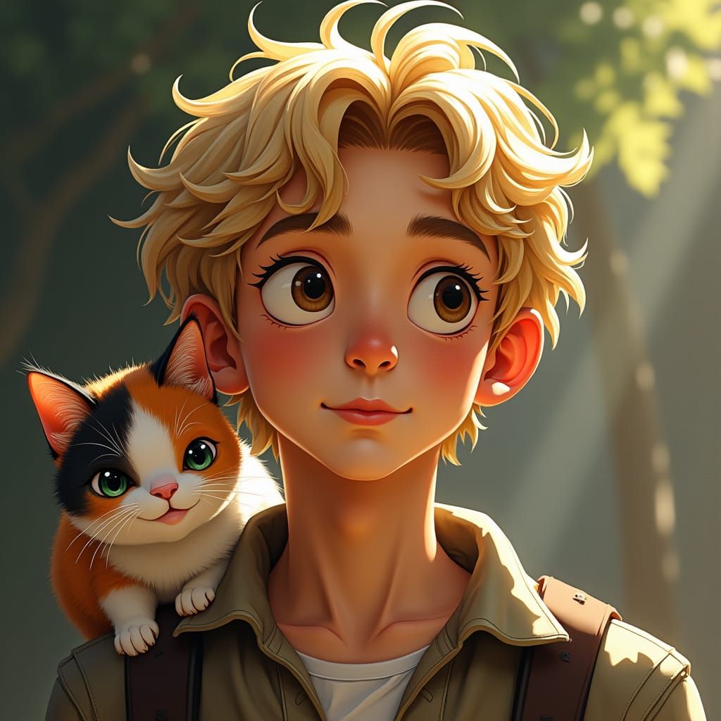 High School Boy with Calico Cat, Digital Art