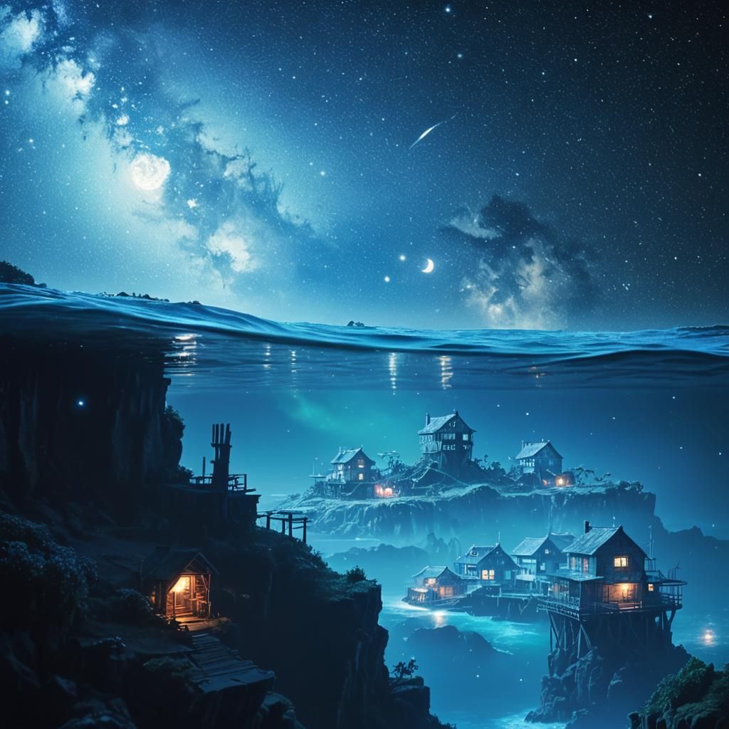 Dreamlike House on Island in Galactic Moonlight