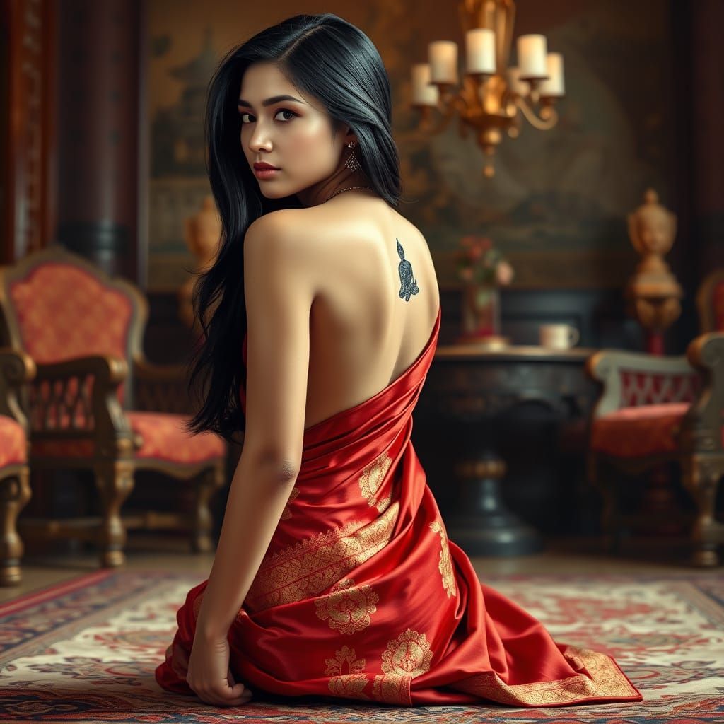 Vietnamese Woman in Crimson Sari with Gold Embroidery