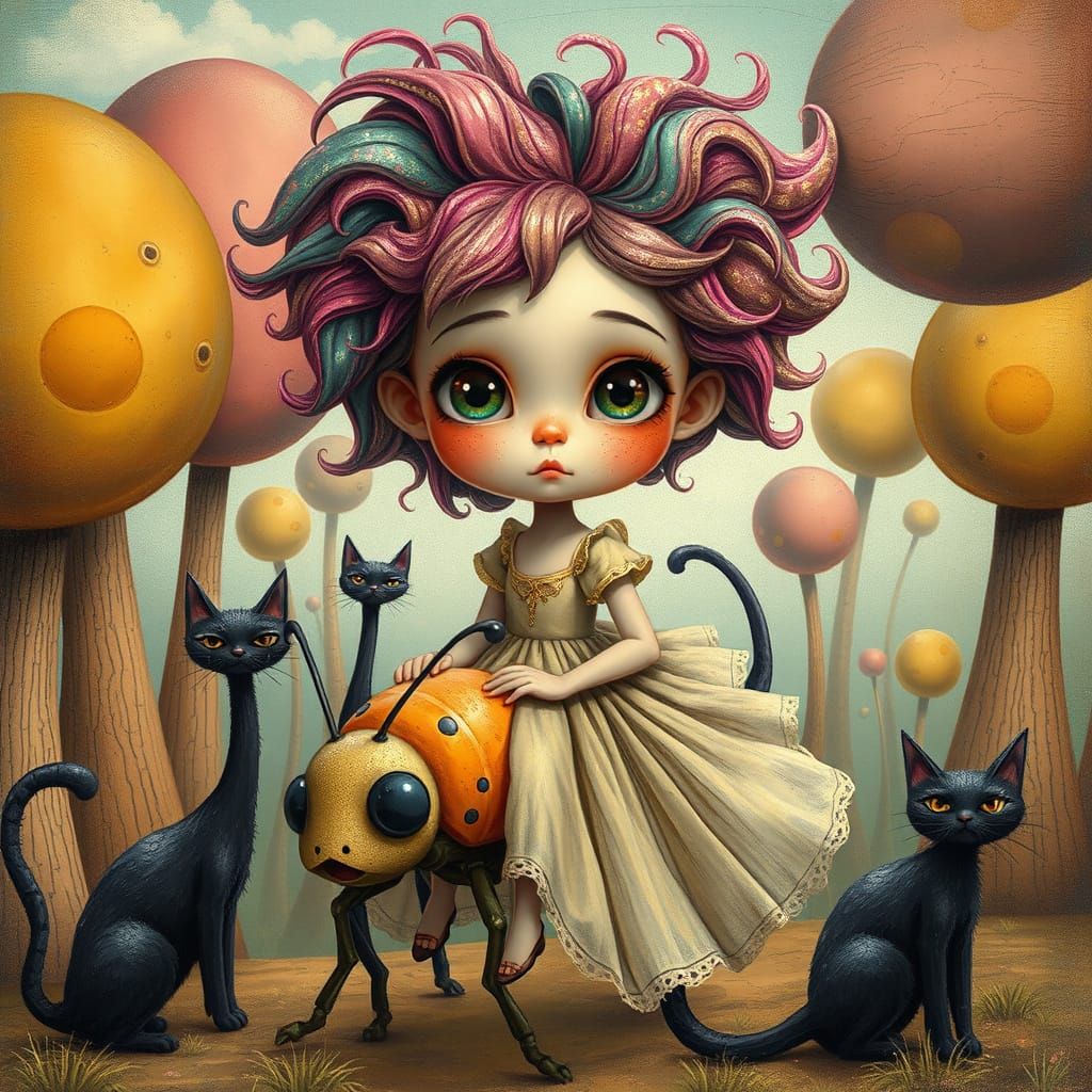 Dreamlike Girl Riding Bug in Surreal Landscape