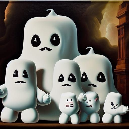 Spooky Marshmallow Figures in Renaissance Oil Painting