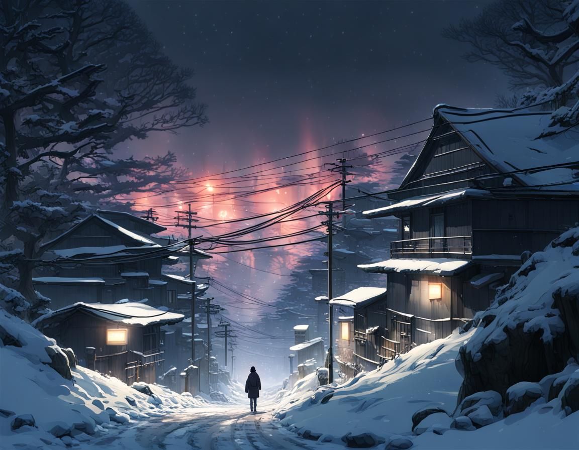 Japanese Winter Village at Night in Hyperrealistic Style