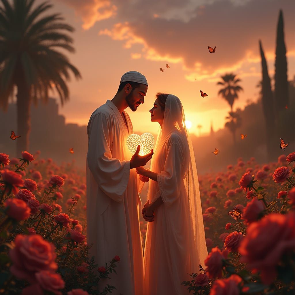 Grieving Moroccan Man in Traditional Attire, Holding Glowing...