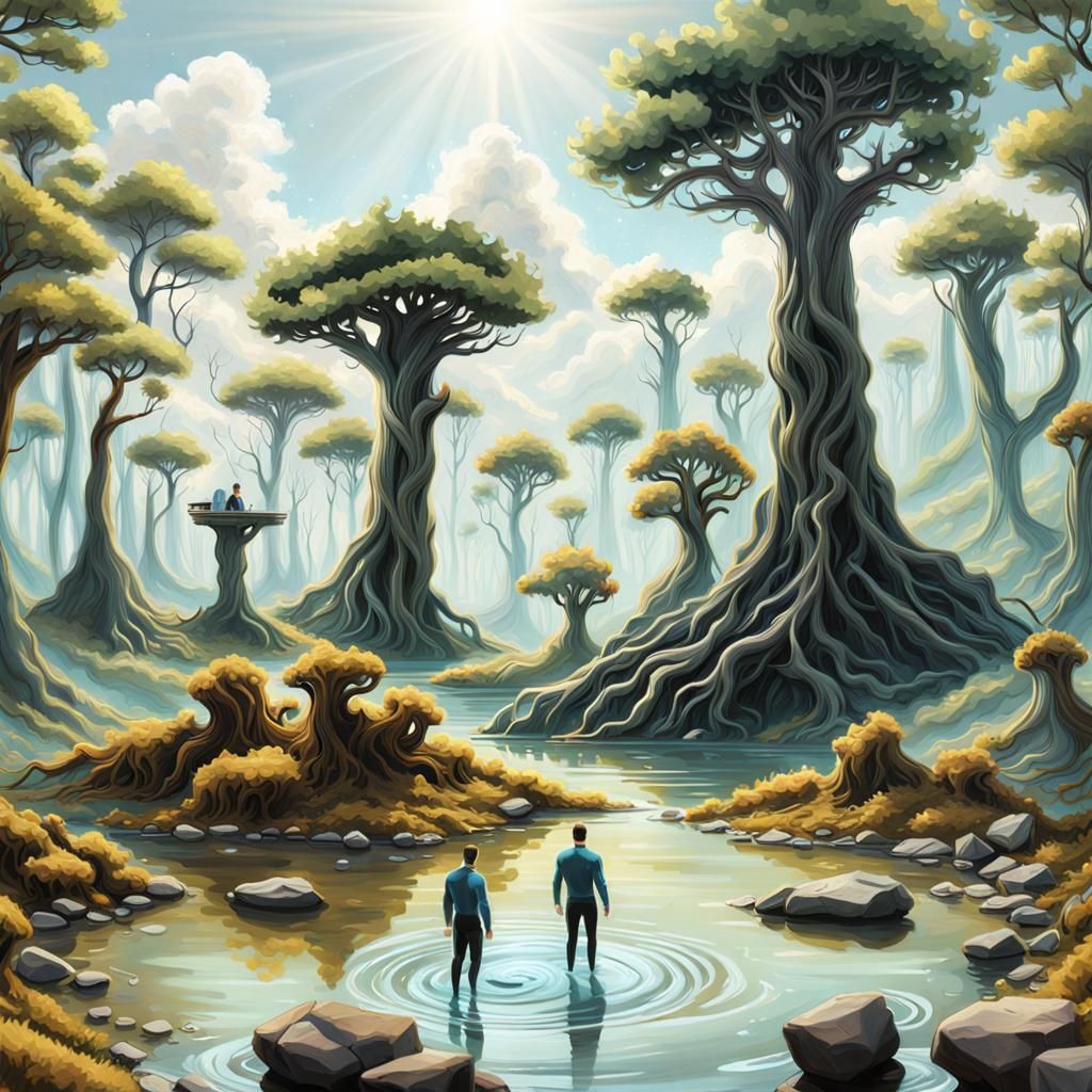 Spock and Kirk Bathe in Alien Forest Pond