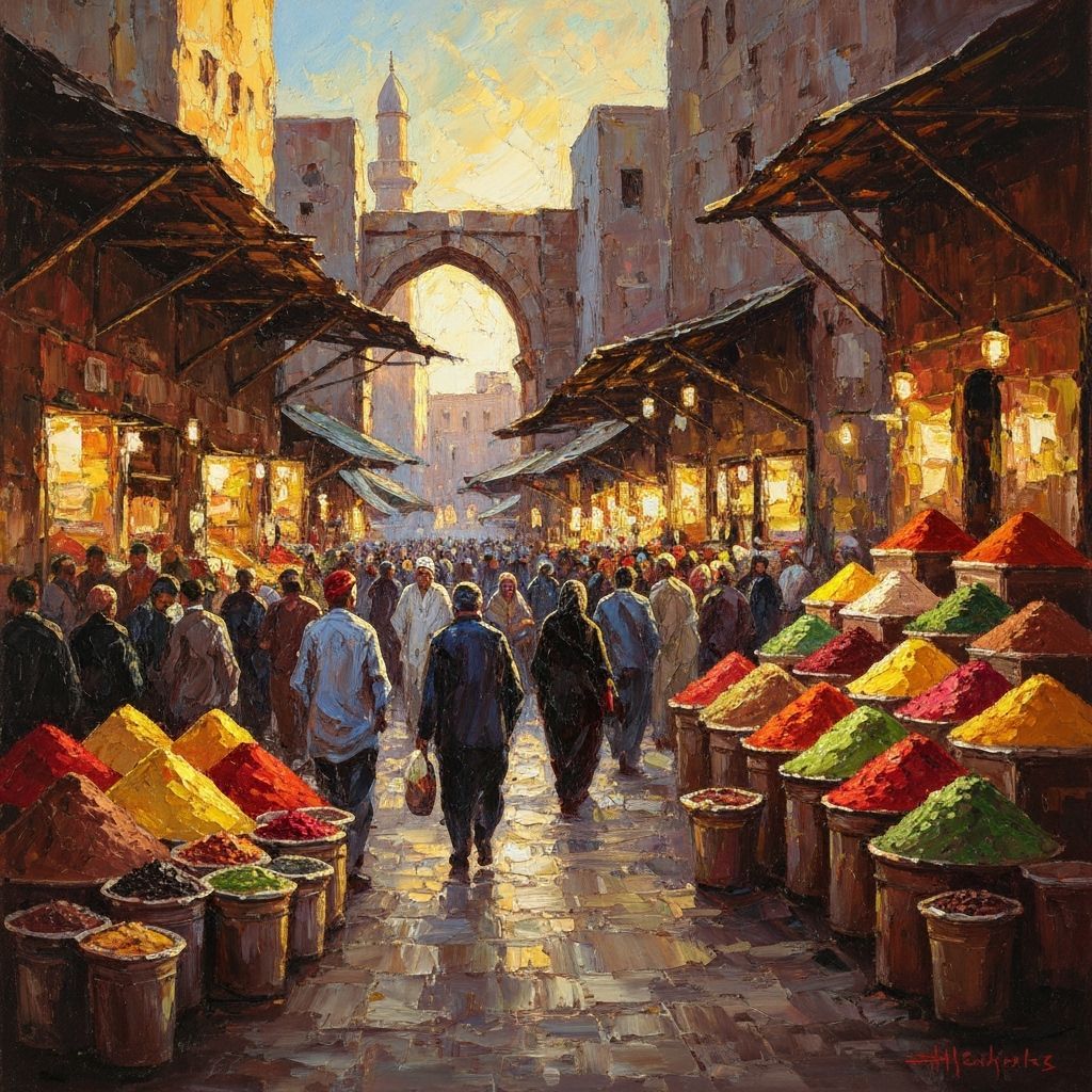 Impressionistic Oil Painting of a Vibrant Ancient Spice Mark...