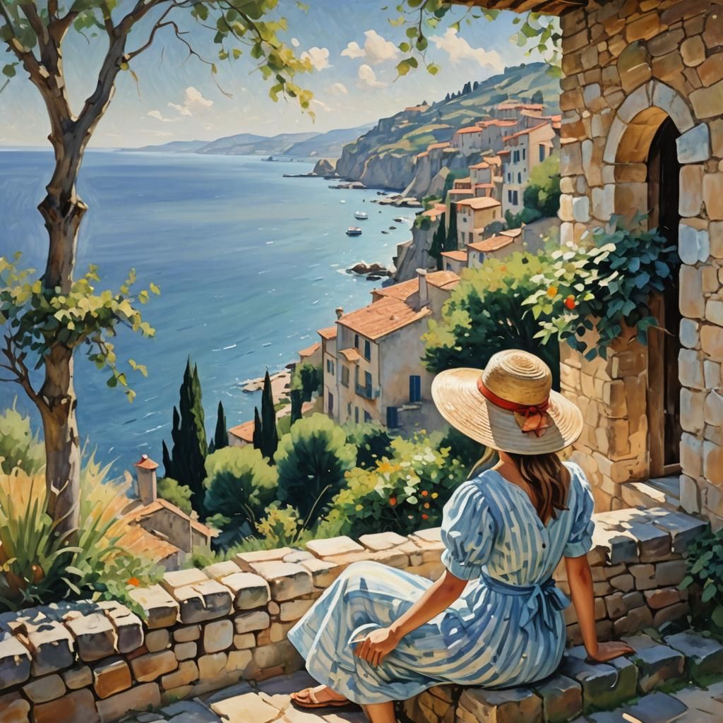 Impressionist Woman Admiring Sunny Italian Seascape