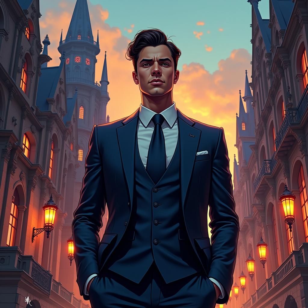 Confident Man Ready for Interview in Fantasy Cityscape