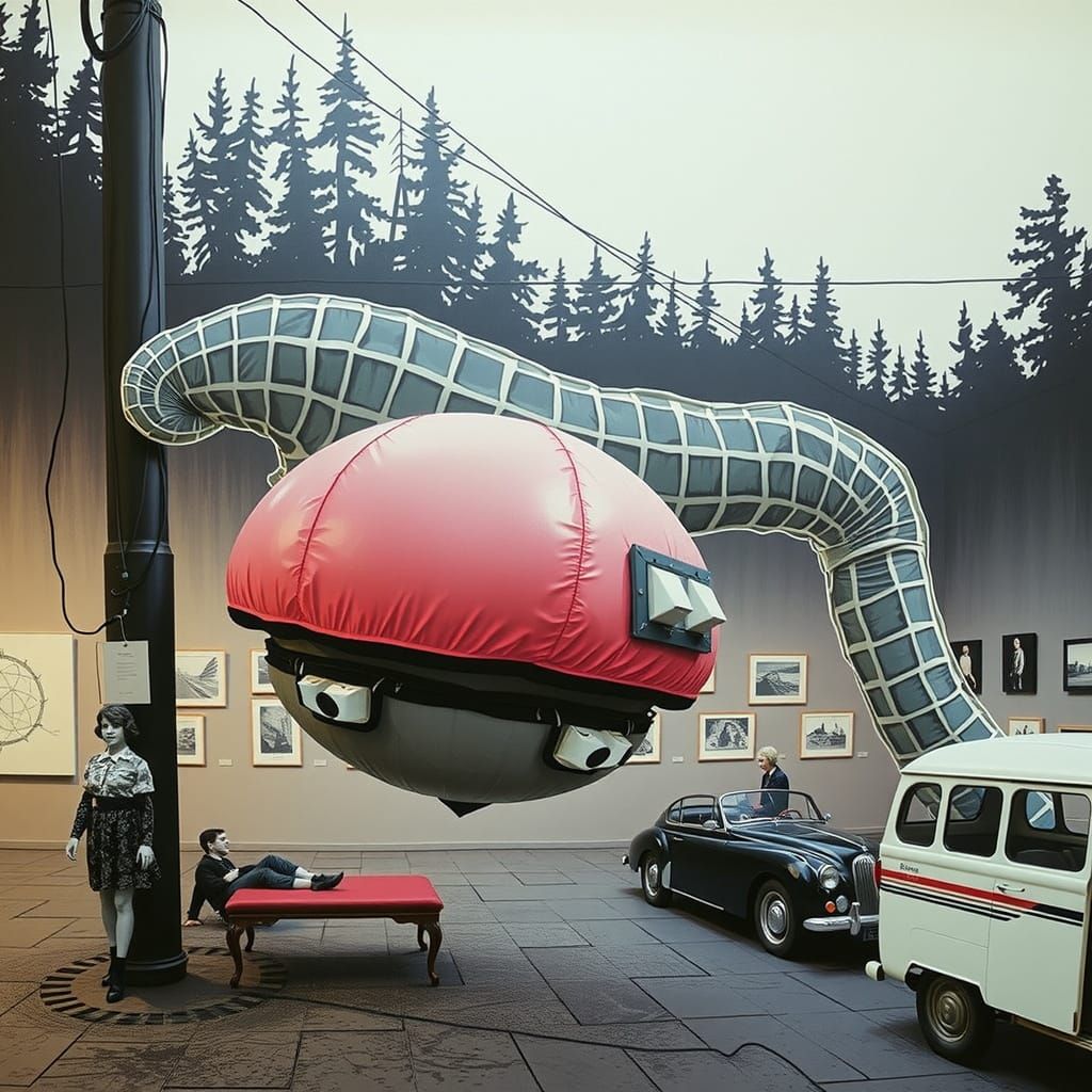 Art Gallery Figures in Black and White Linocut Style