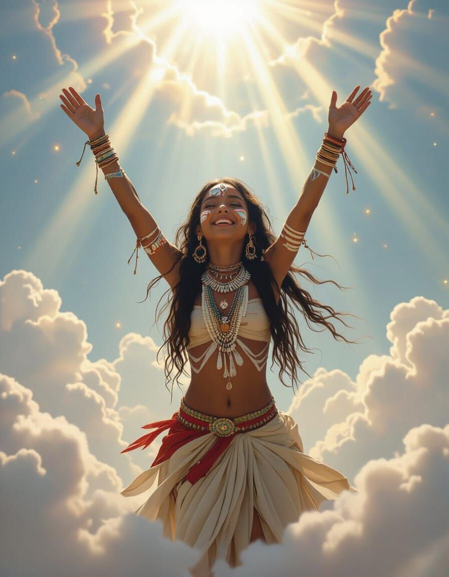 Joyful Tribal Girl Dancing in Ethereal Clouds