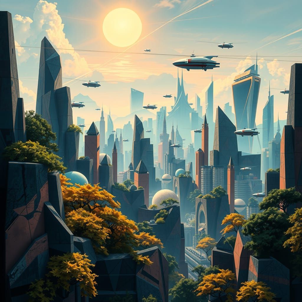 Luminous Futuristic Cityscape in Cubist Style