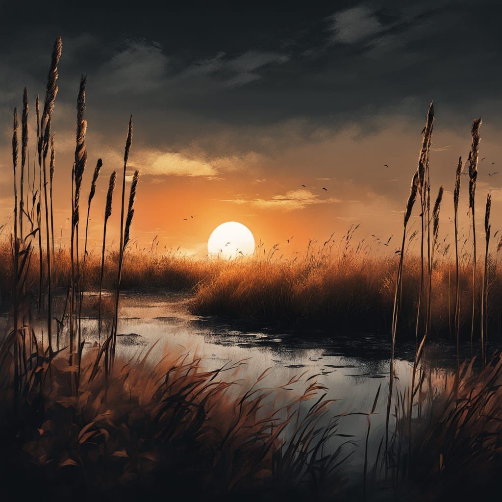 Moody Landscape with Glowing Flowers: Charcoal Art